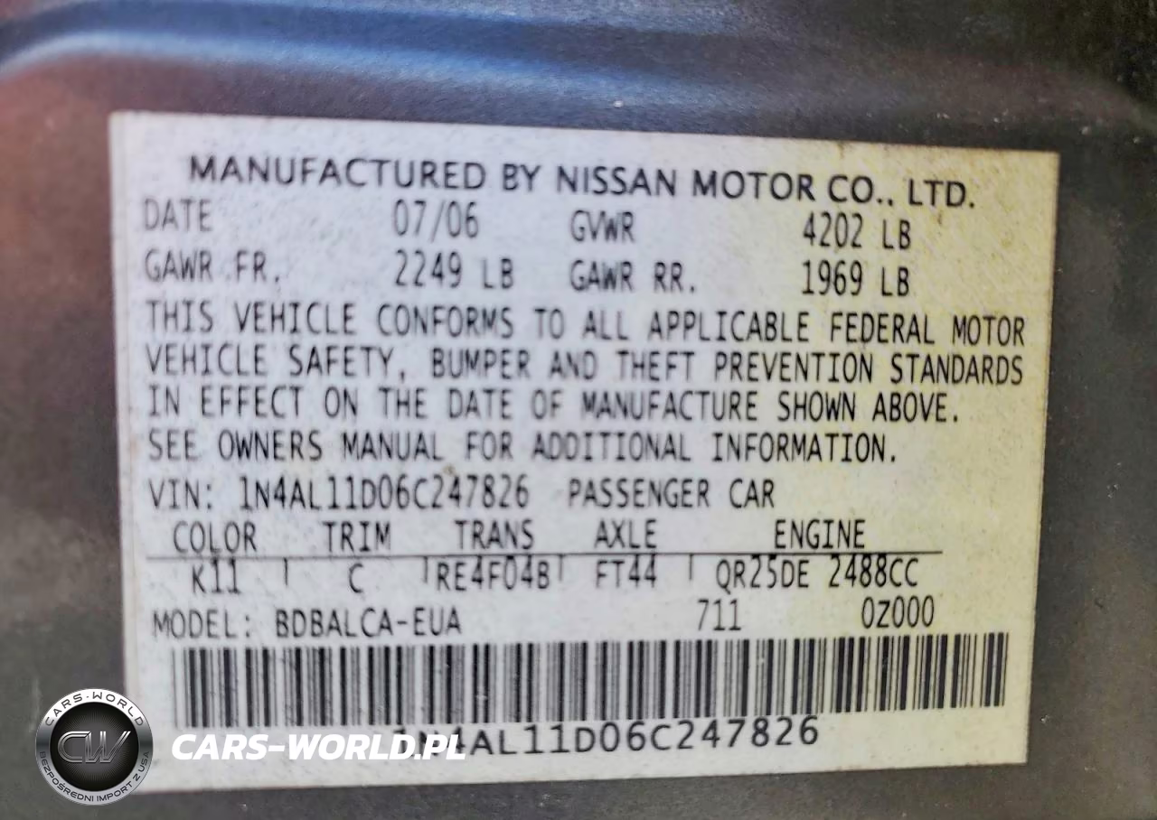 2006 Nissan Altima 2.5 VIN:1N4AL11D06C247826 - 12