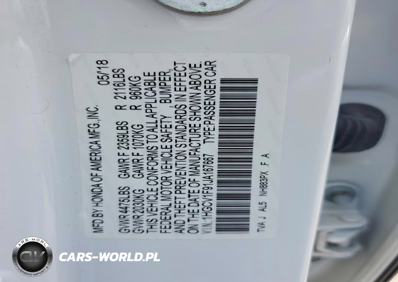2018 Honda Accord Touring VIN:1HGCV1F91JA167667 - 12