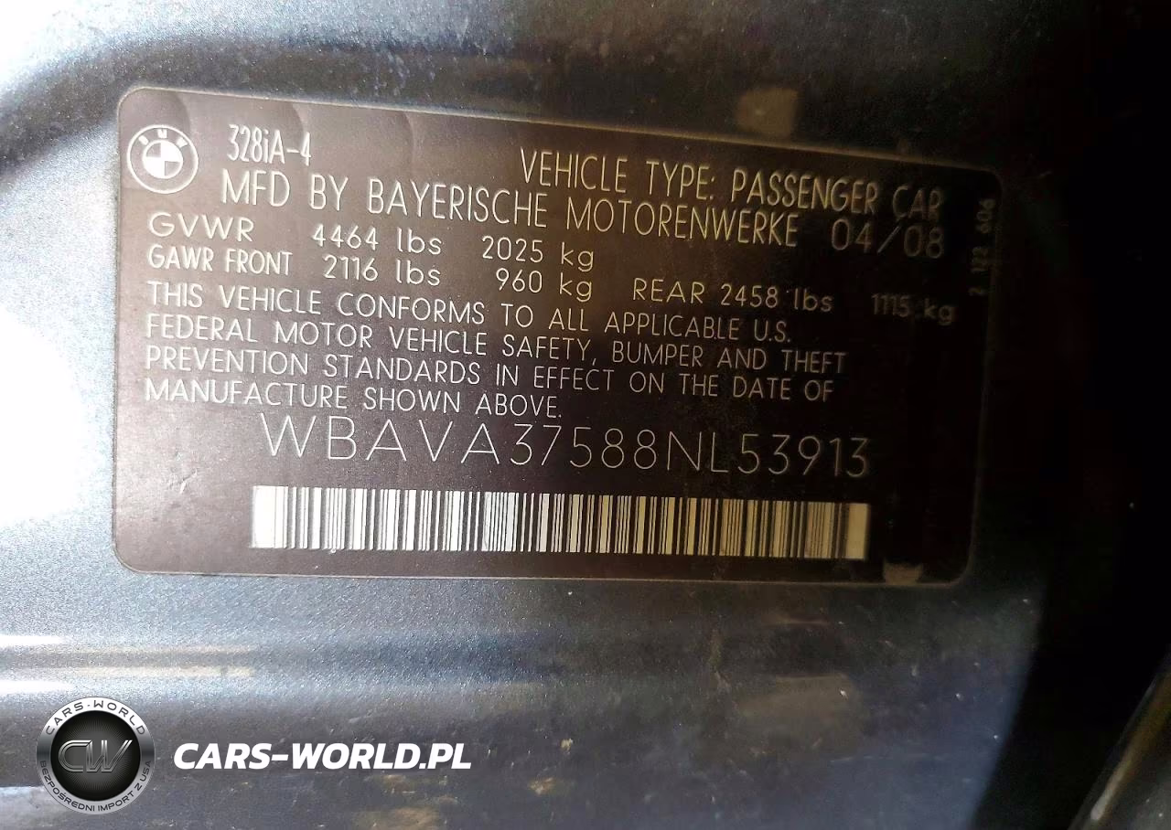 2008 BMW 328 I VIN:WBAVA37588NL53913 - 12