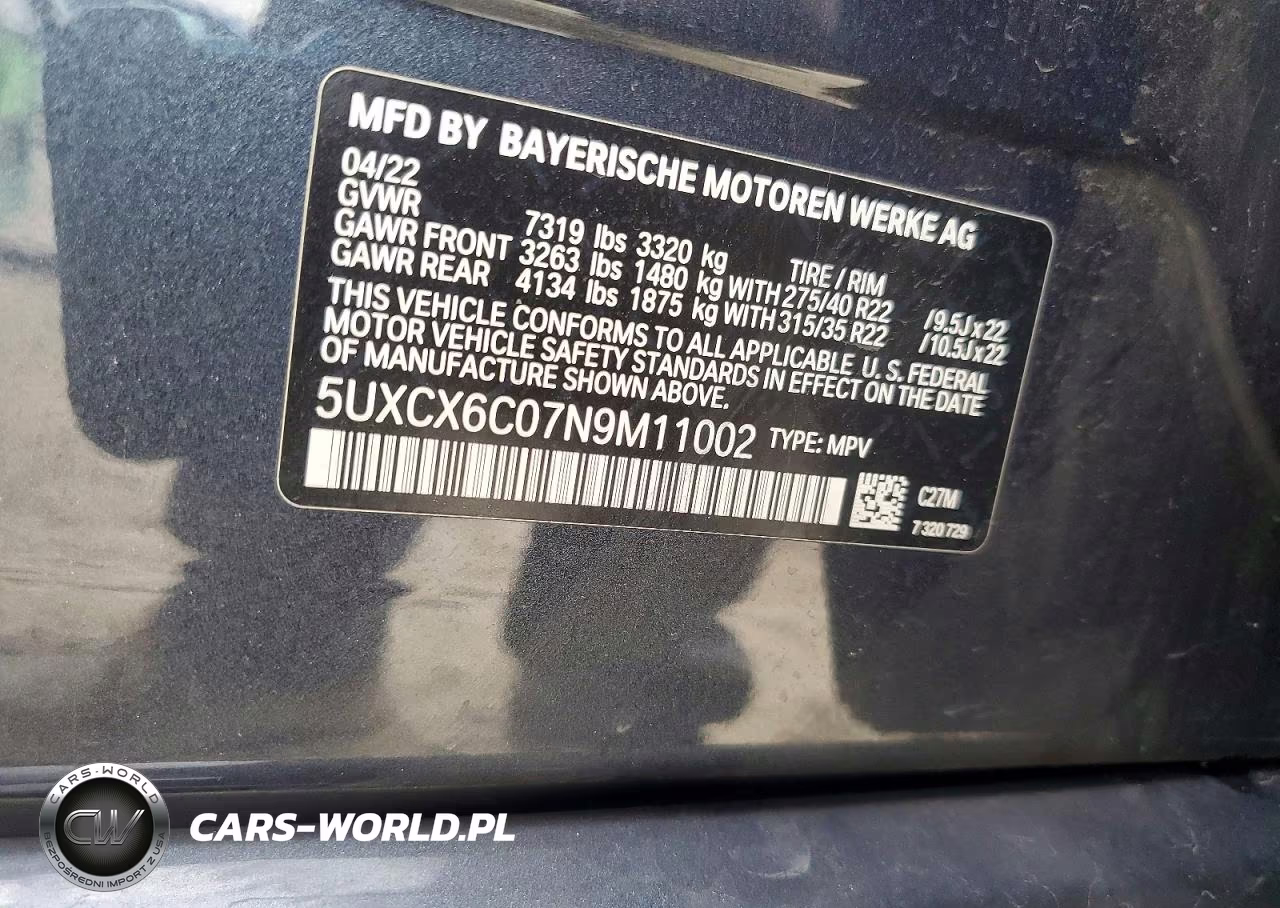 2022 BMW X7 M50I VIN:5UXCX6C07N9M11002 - 12
