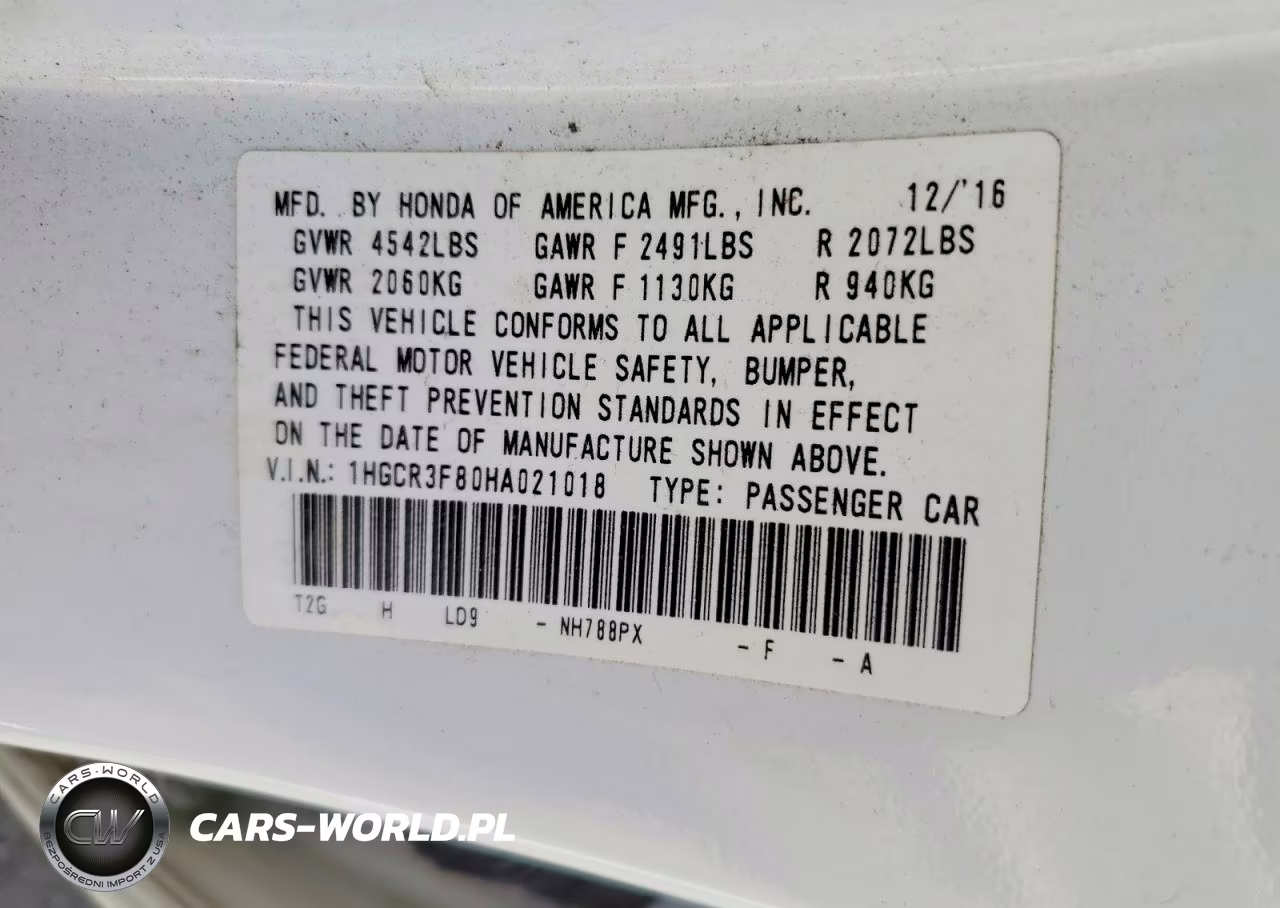 2017 Honda Accord Exl VIN:1HGCR3F80HA021018 - 12