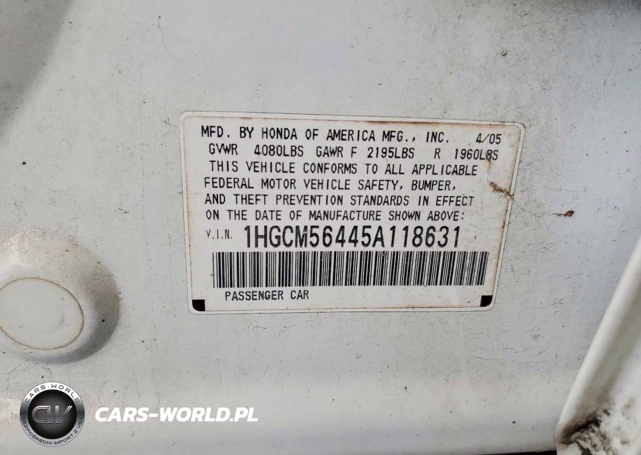 2005 Honda Accord Lx VIN:1HGCM56445A118631 - 12