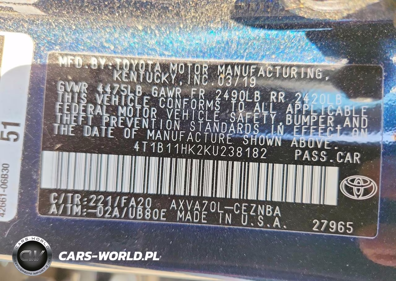 2019 Toyota Camry Le VIN:4T1B11HK2KU238182 - 12