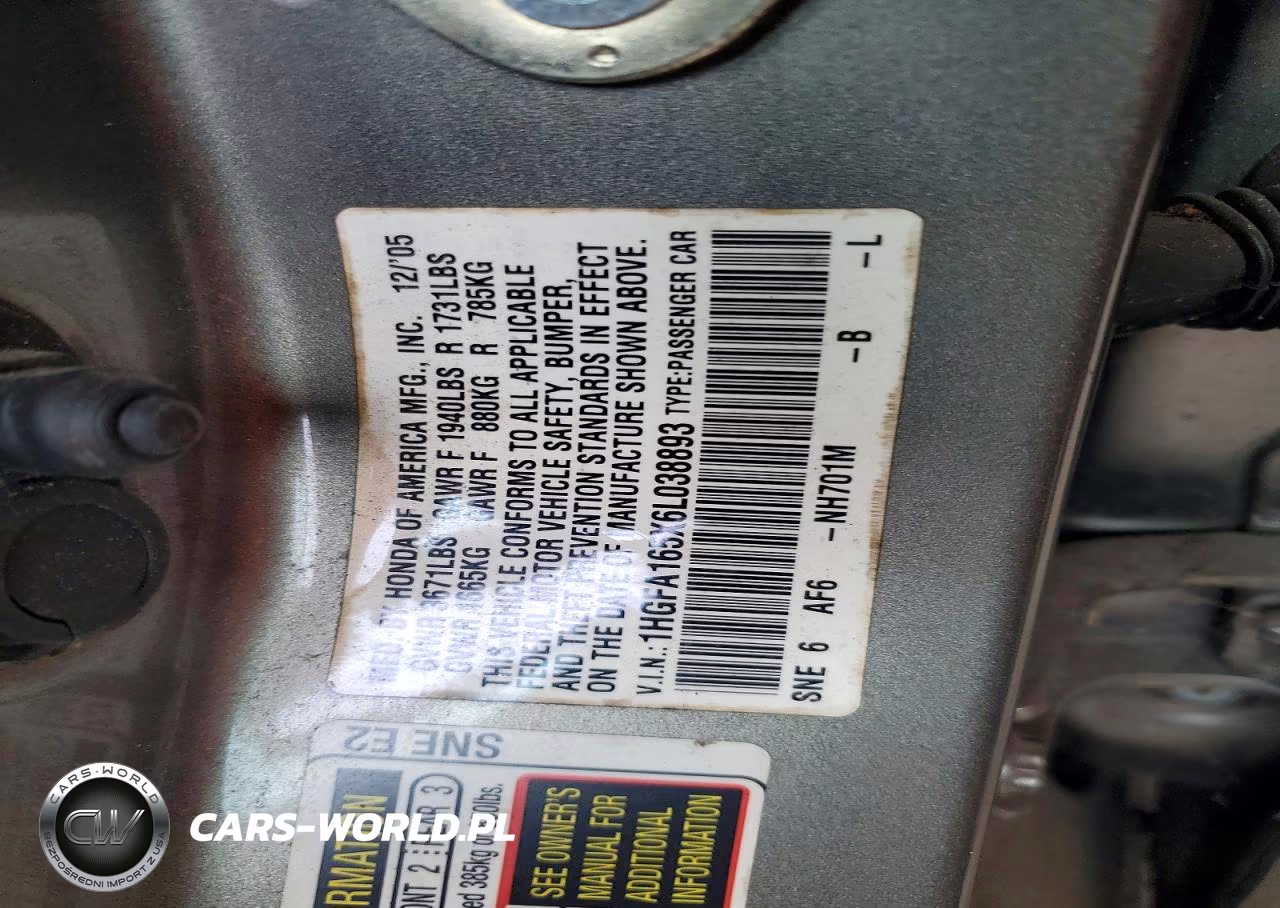 2006 Honda Civic Lx VIN:1HGFA165X6L038893 - 12