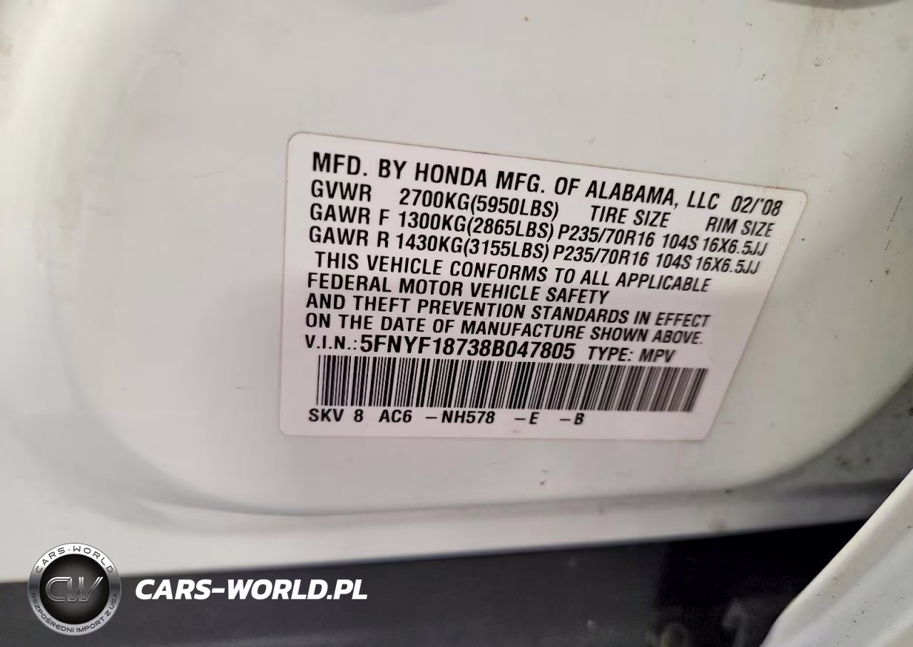 2008 Honda Pilot Exl VIN:5FNYF18738B047805 - 14