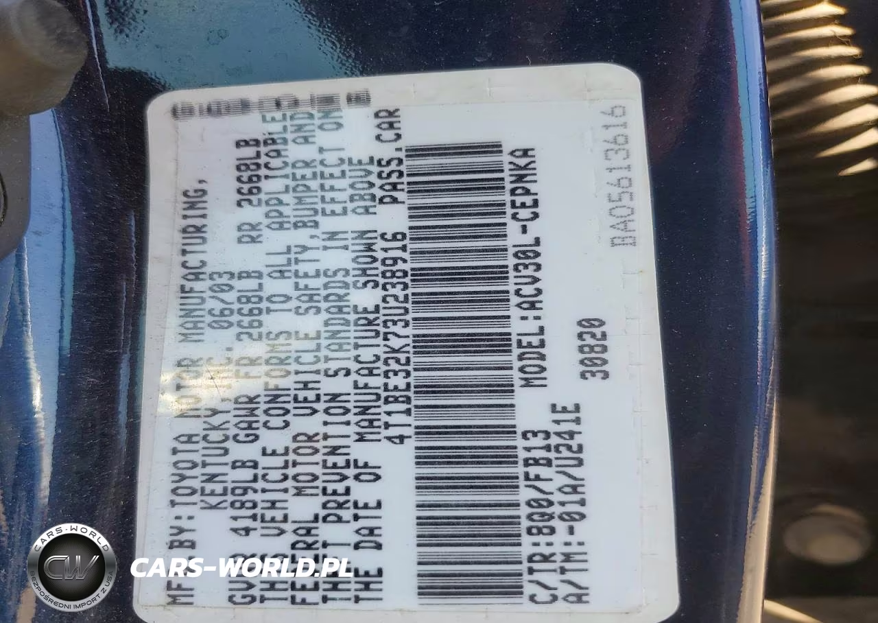 2003 Toyota Camry Le VIN:4T1BE32K73U238916 - 12