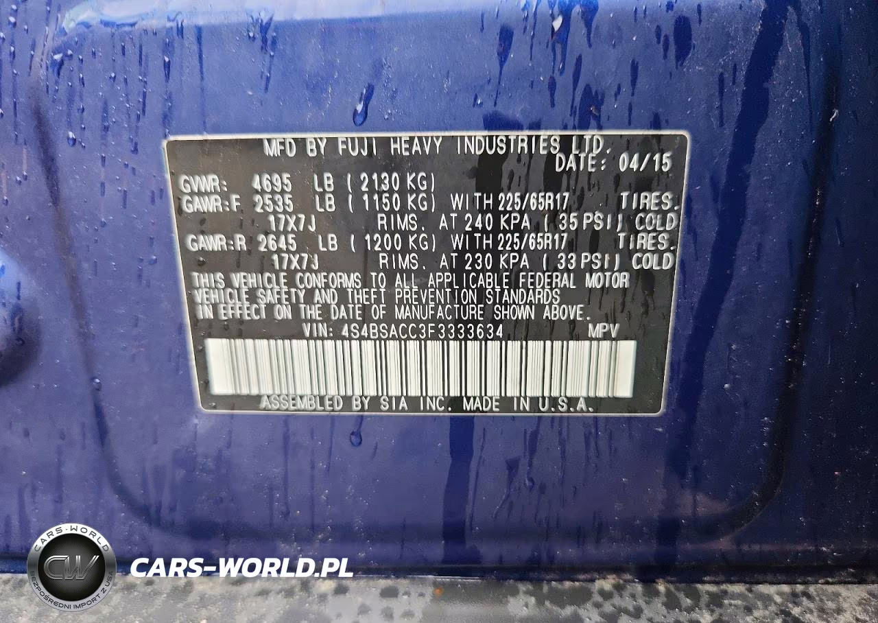 2015 Subaru Outback 2.5I Premium VIN:4S4BSACC3F3333634 - 12