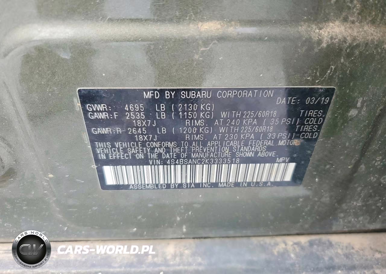 2019 Subaru Outback 2.5I Limited VIN:4S4BSANC2K3333518 - 14