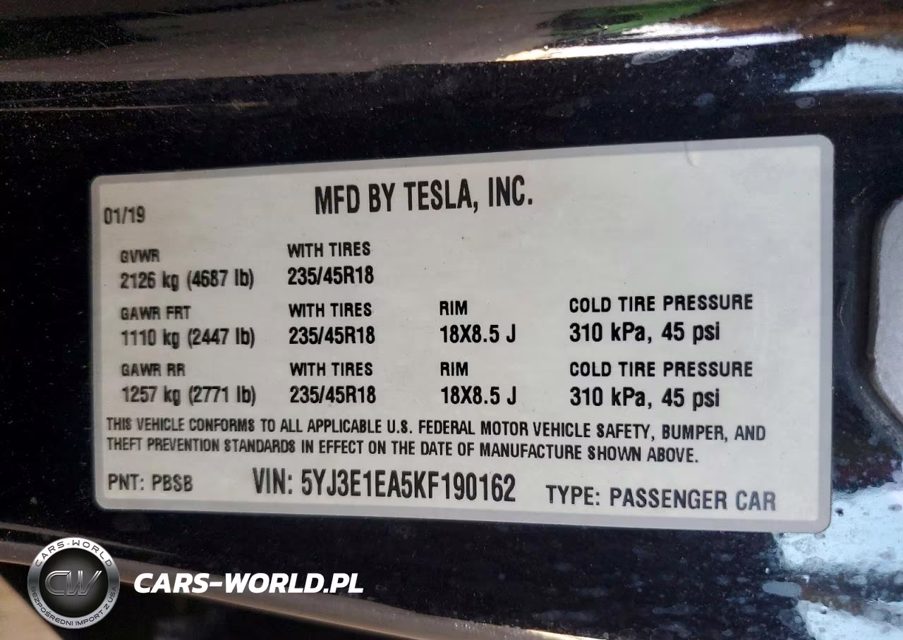 2019 Tesla Model 3 VIN:5YJ3E1EA5KF190162 - 12