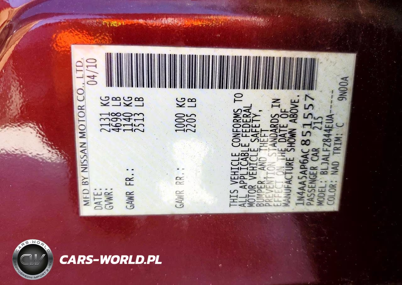 2010 Niss Maxima S VIN:1N4AA5AP6AC851557 - 12