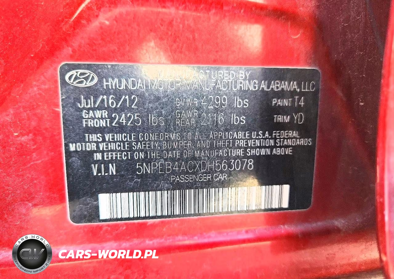 2013 Hyundai Sonata Gls VIN:5NPEB4ACXDH563078 - 12