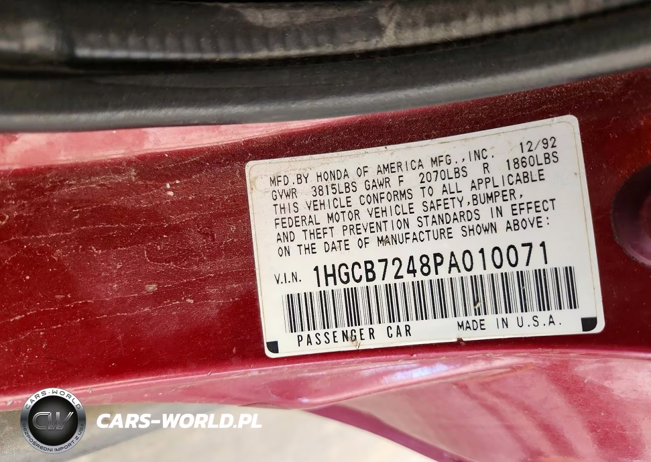 1993 Honda Accord Dx VIN:1HGCB7248PA010071 - 12