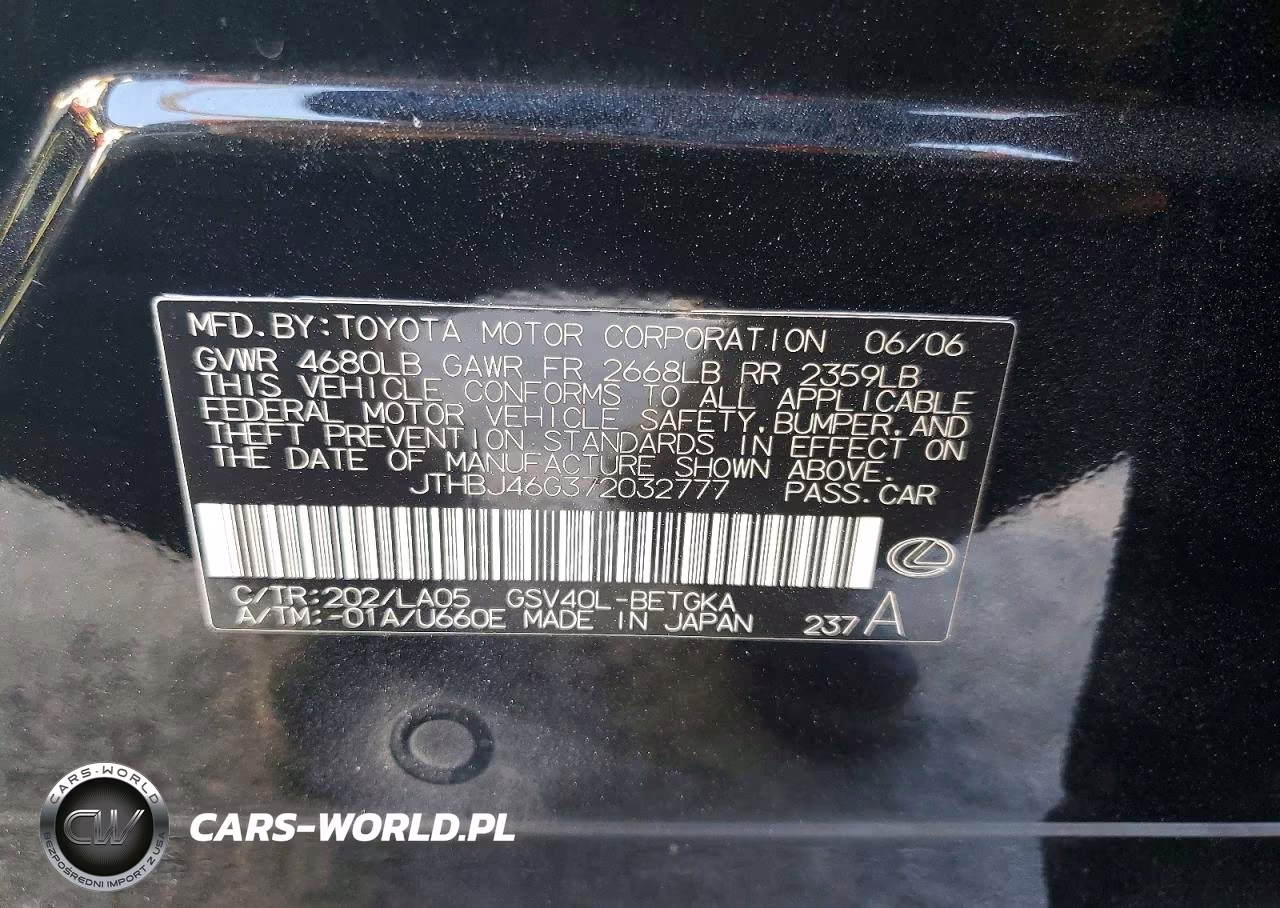 2007 Lexus Es 350 VIN:JTHBJ46G372032777 - 13