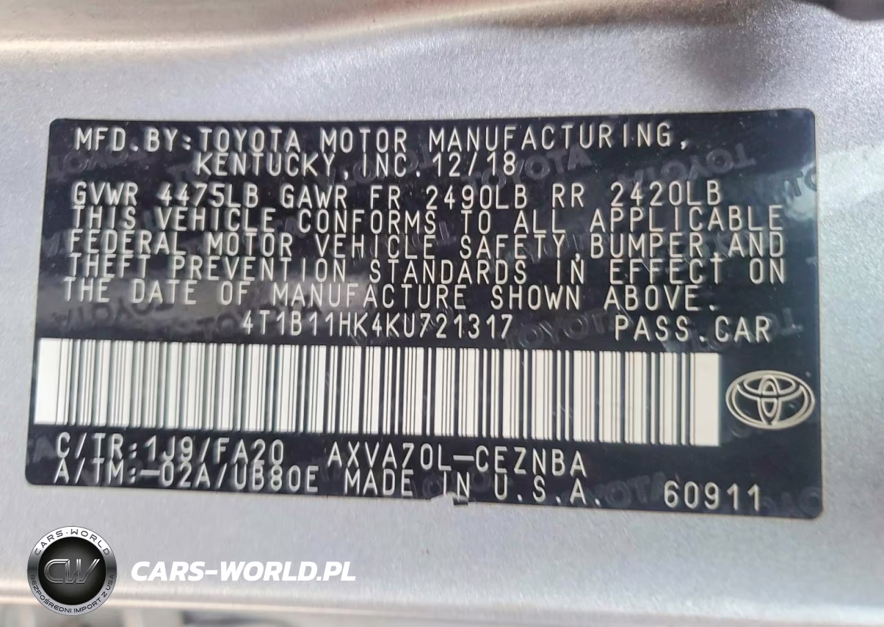 2019 Toyota Camry Le VIN:4T1B11HK4KU721317 - 12