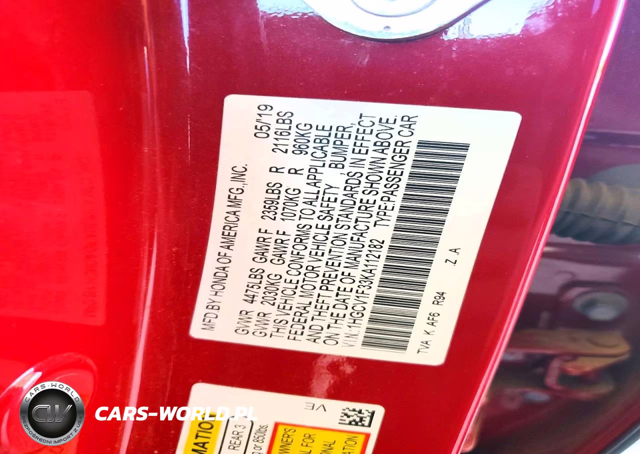 2019 Honda Accord Sport VIN:1HGCV1F33KA112182 - 12