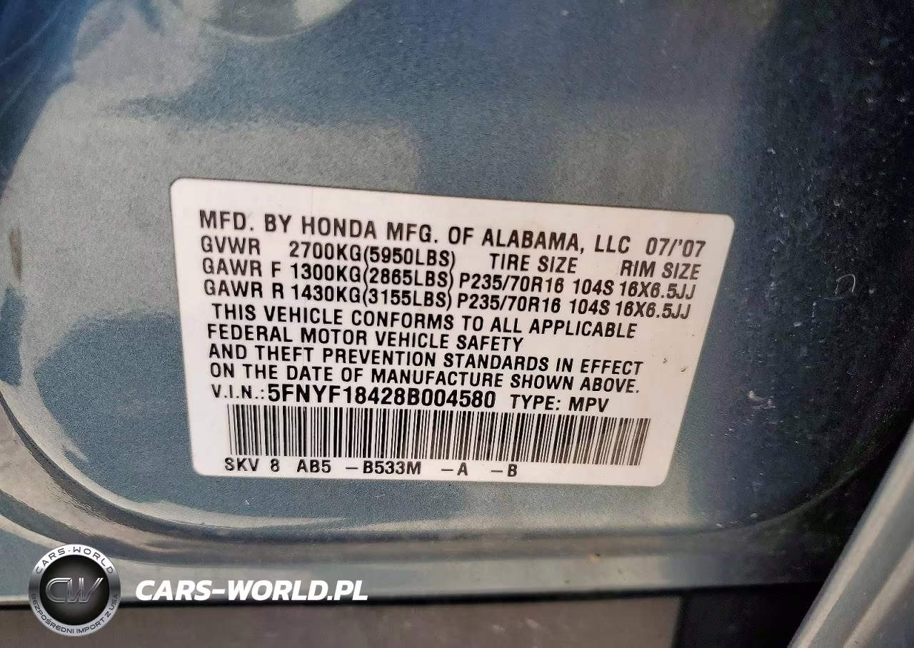 2008 Honda Pilot Ex VIN:5FNYF18428B004580 - 13