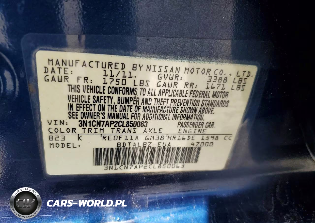 2012 Nissan Versa 1.6 S VIN:3N1CN7AP2CL850063 - 12
