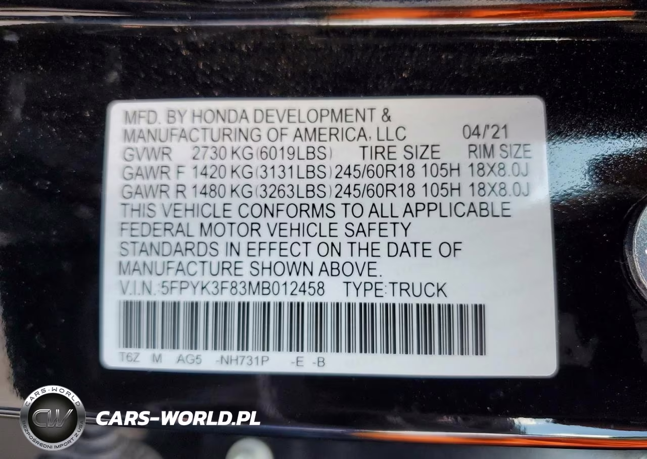 2021 Honda Ridgeline Black Edition VIN:5FPYK3F83MB012458 - 13