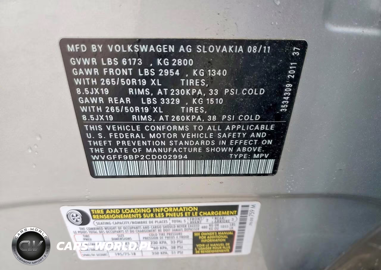 2012 Volkswagen Touareg V6 VIN:WVGFF9BP2CD002994 - 13
