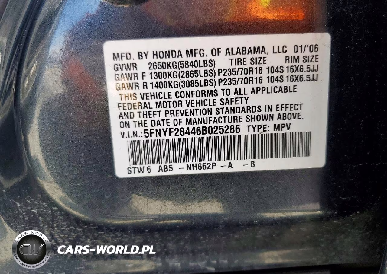 2006 Honda Pilot Ex VIN:5FNYF28446B025286 - 12