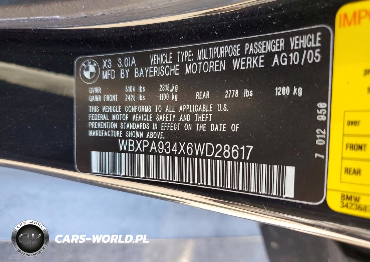 2006 BMW X3 3.0I VIN:WBXPA934X6WD28617 - 12