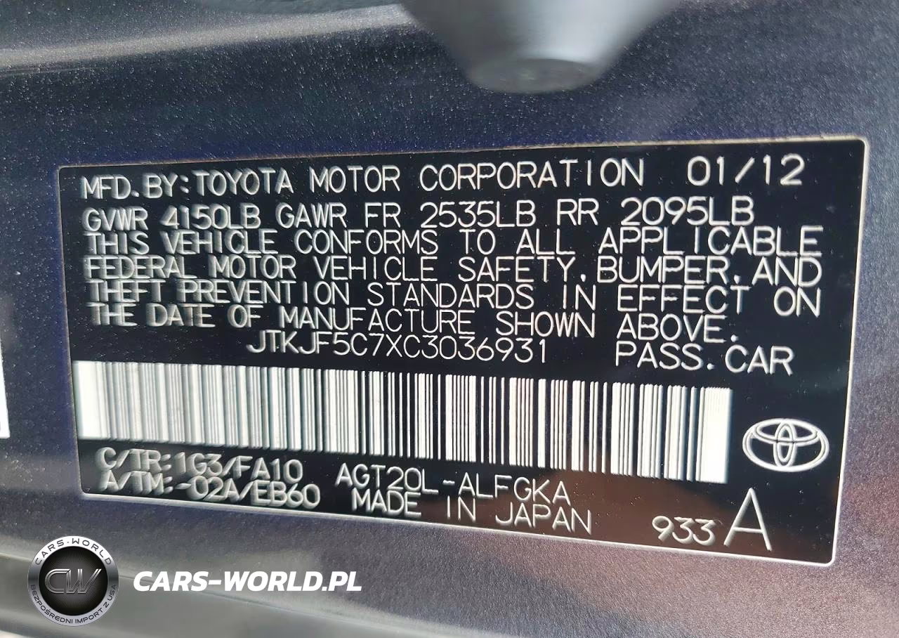 2012 Scion Tc Base VIN:JTKJF5C7XC3036931 - 12