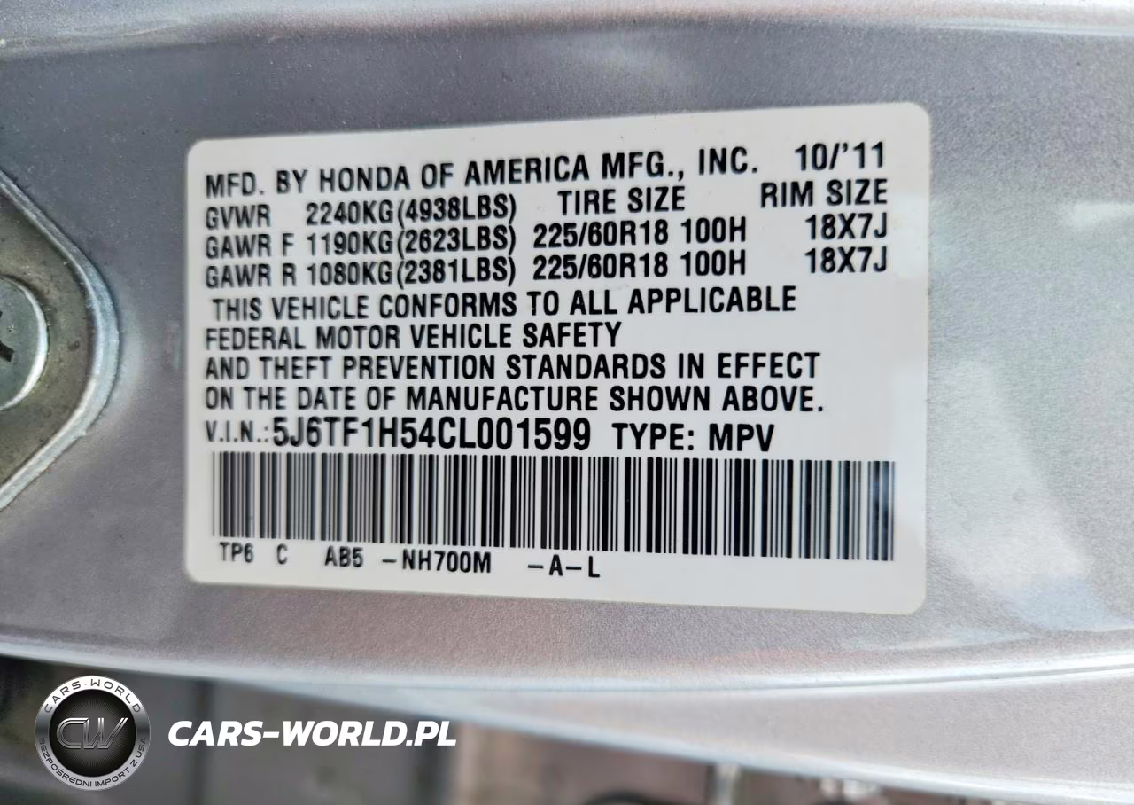 2012 Honda Crosstour Exl VIN:5J6TF1H54CL001599 - 12