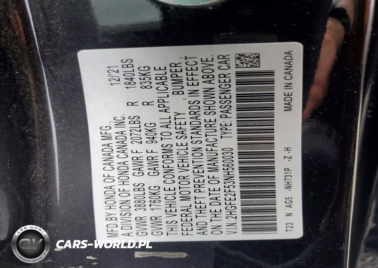 2022 Honda Civic Sport VIN:2HGFE2F53NH560030 - 13