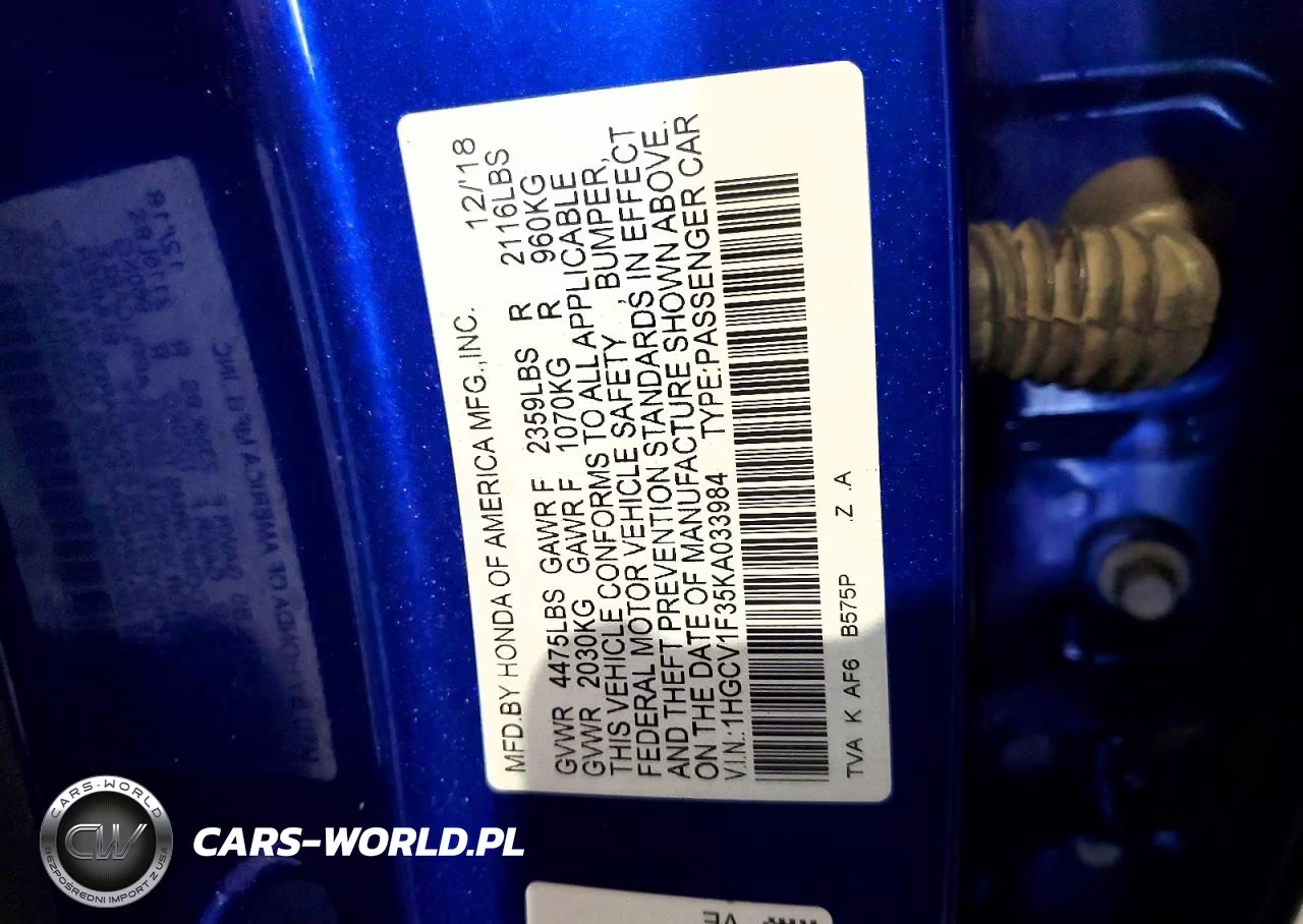 2019 Honda Accord Sport VIN:1HGCV1F35KA033984 - 12