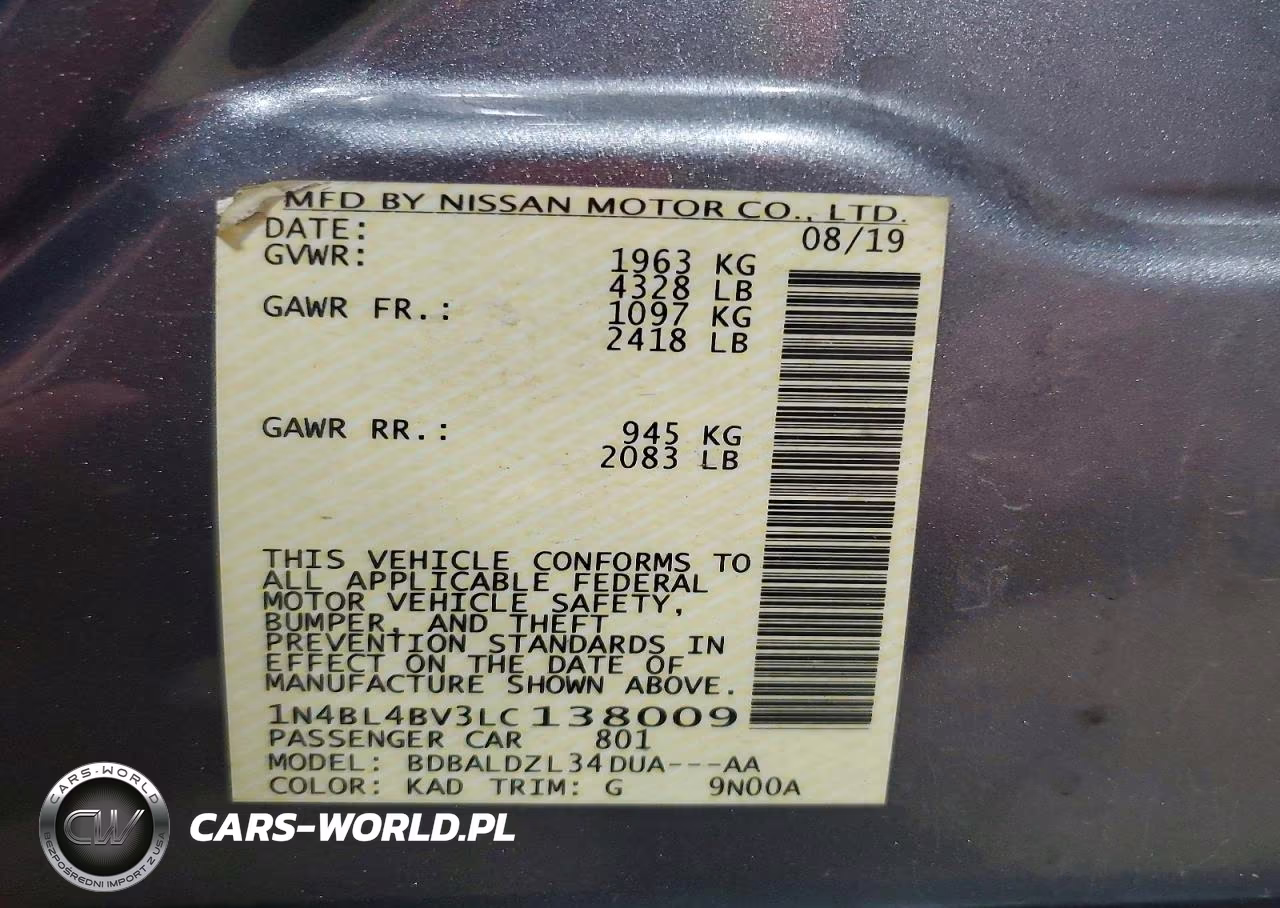 2020 Nissan Altima S VIN:1N4BL4BV3LC138009 - 12
