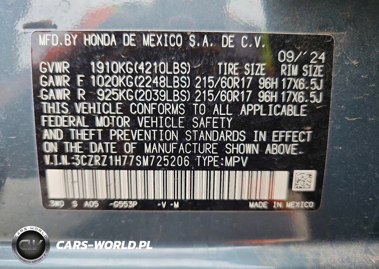 2025 Honda Hr-V Exl VIN:3CZRZ1H77SM725206 - 13