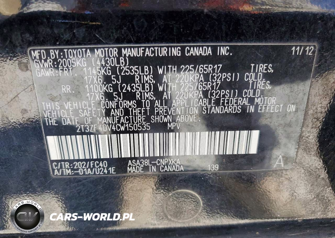 2012 Toyota Rav4 Base VIN:2T3ZF4DV4CW150535 - 12