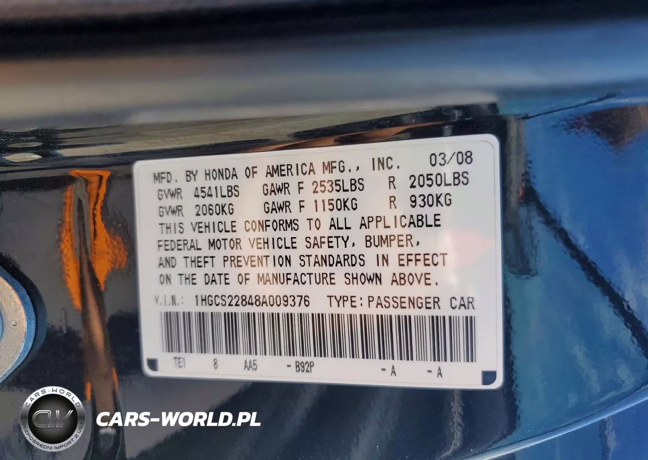 2008 Honda Accord Exl VIN:1HGCS22848A009376 - 12