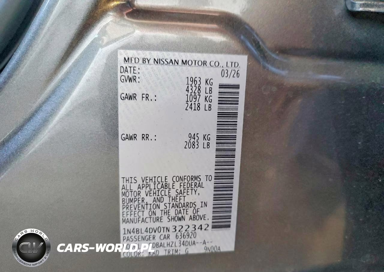 2026 Nissan Altima Sv VIN:1N4BL4DV0TN322342 - 12