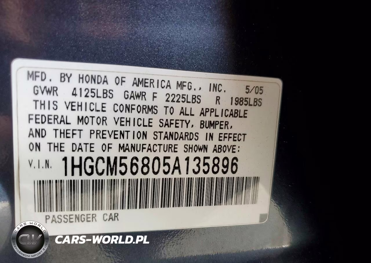2005 Hond Accord VIN:1HGCM56805A135896 - 12