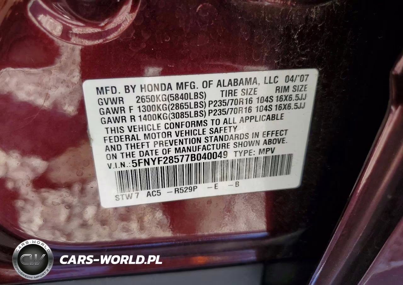 2007 Honda Pilot Exl VIN:5FNYF28577B040049 - 12
