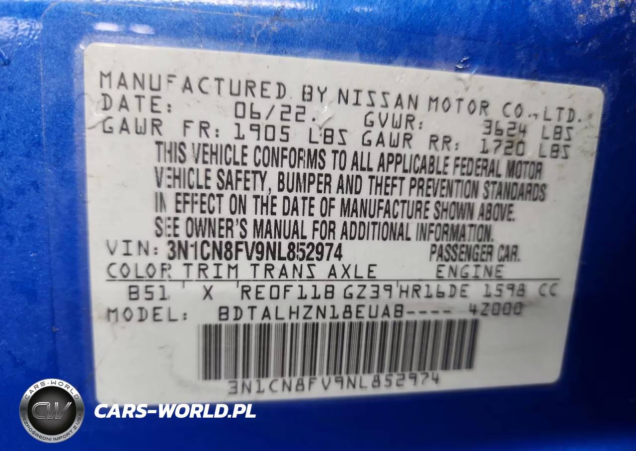 2022 Nissan Versa Sr VIN:3N1CN8FV9NL852974 - 13