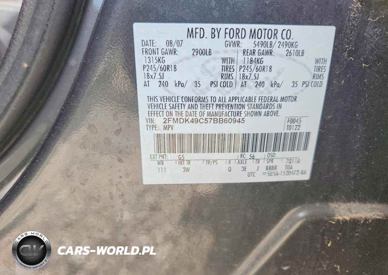 2007 Ford Edge 4D 4Wd VIN:2FMDK49C57BB60945 - 12