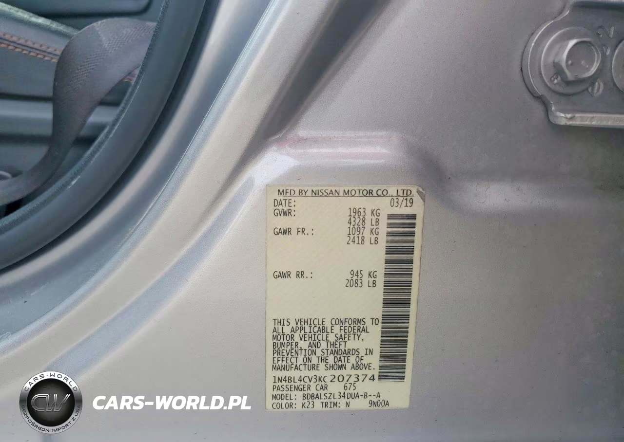 2019 Nissan Altima Sr VIN:1N4BL4CV3KC207374 - 12