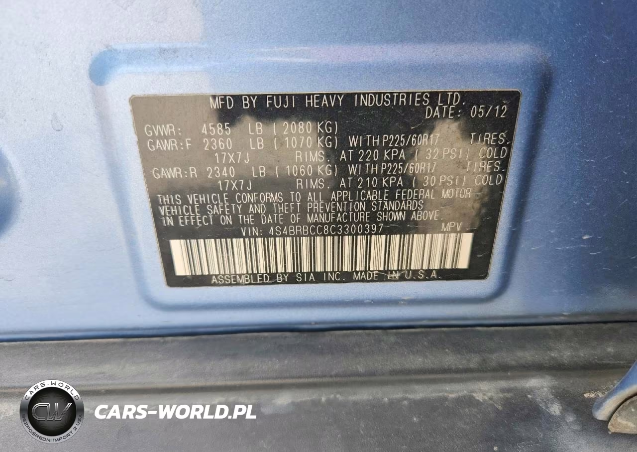 2012 Subaru Outback 2.5I Premium VIN:4S4BRBCC8C3300397 - 12