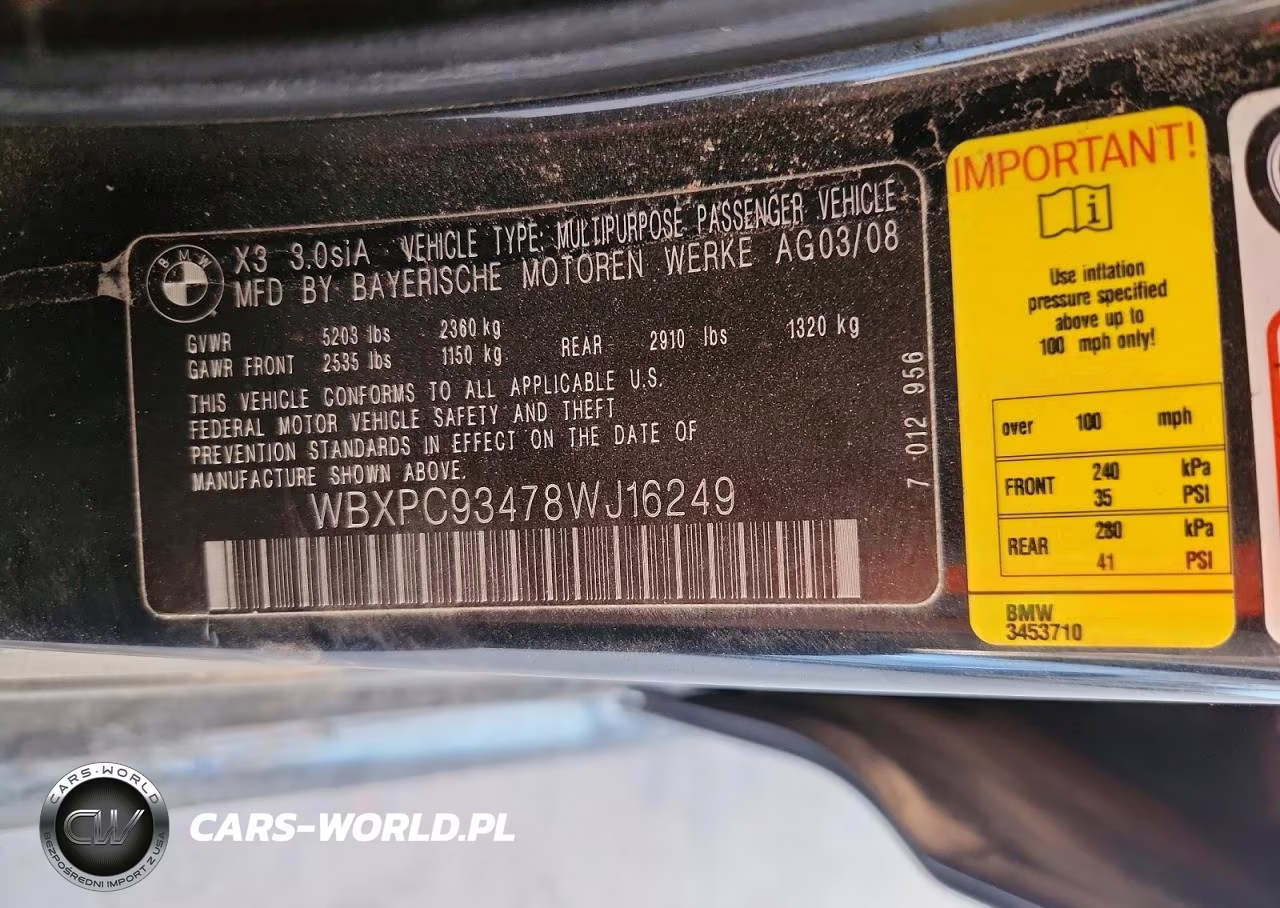 2008 BMW X3 3.0Si VIN:WBXPC93478WJ16249 - 13
