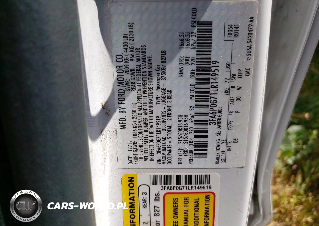 2020 Ford Fusion S VIN:3FA6P0G71LR149519 - 12