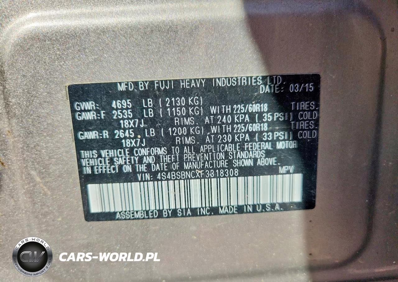 2015 Subaru Outback 2.5I Limited VIN:4S4BSBNCXF3318308 - 12