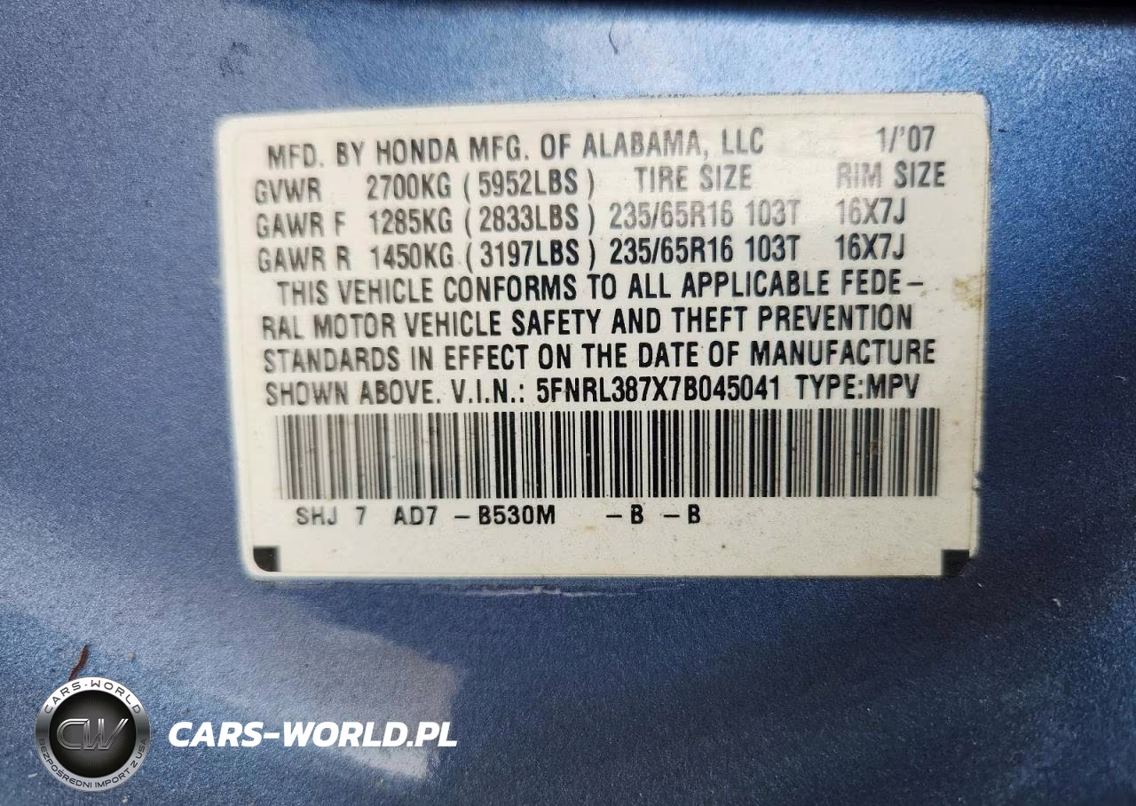2007 Honda Odyssey Exl VIN:5FNRL387X7B045041 - 14