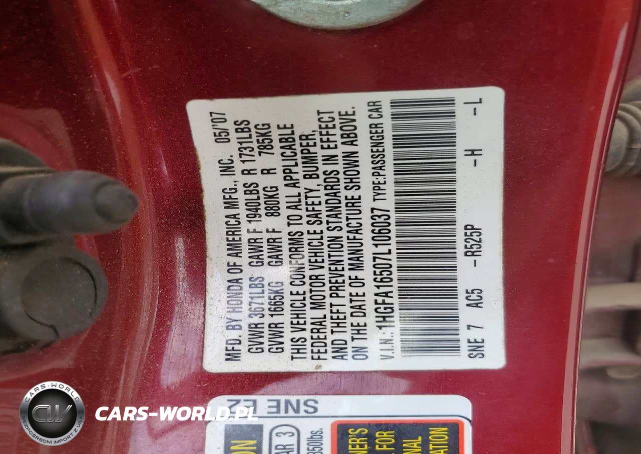2007 Honda Civic Lx VIN:1HGFA16507L106037 - 12