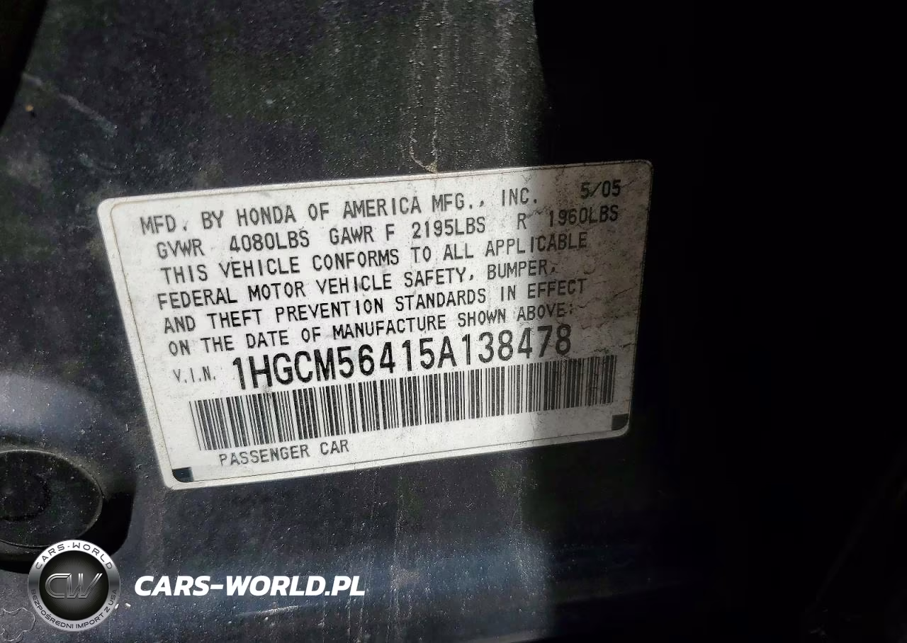 2005 Honda Accord Lx VIN:1HGCM56415A138478 - 12