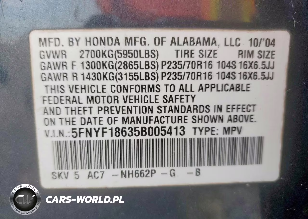 2005 Honda Pilot Exl VIN:5FNYF18635B005413 - 13
