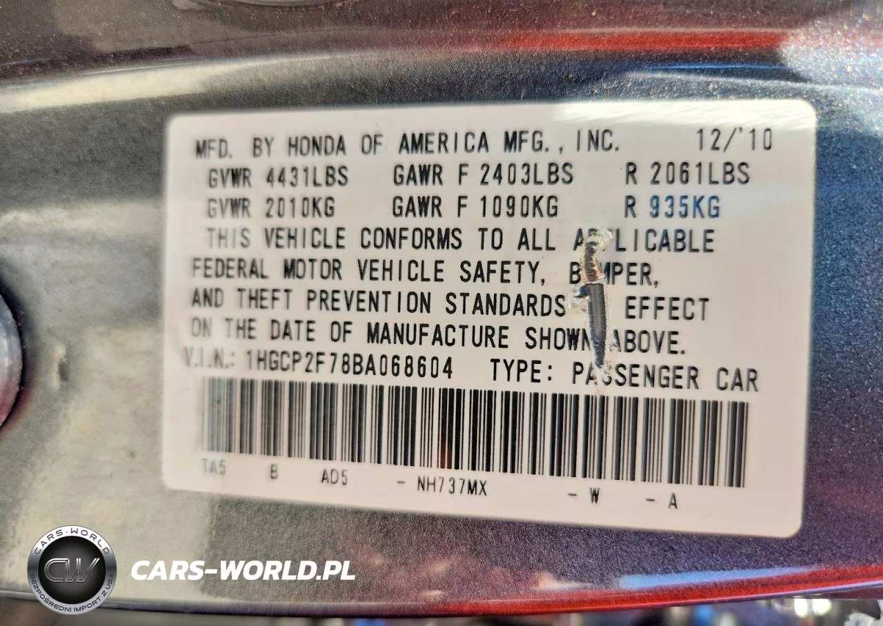 2011 Honda Accord Ex VIN:1HGCP2F78BA068604 - 12