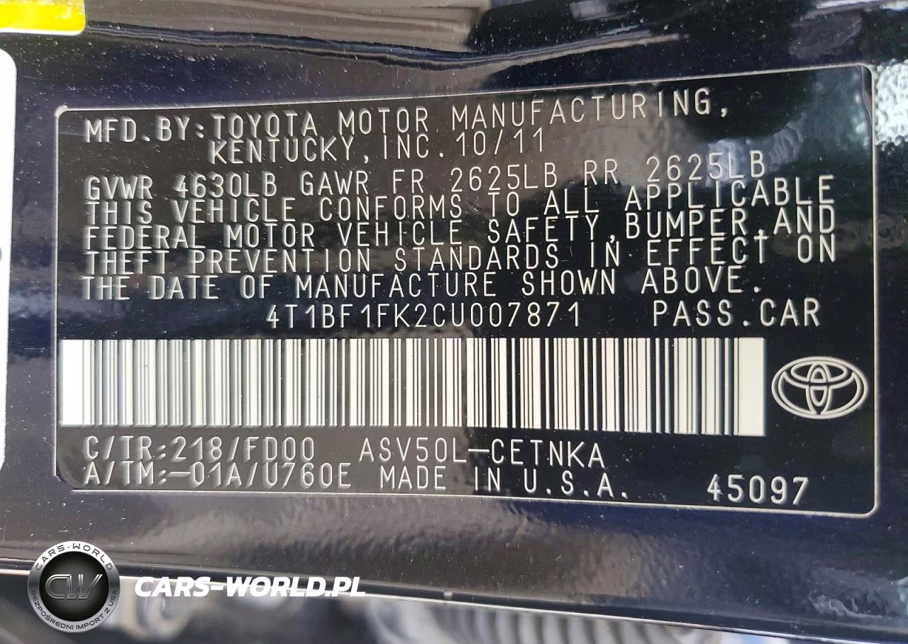 2012 Toyota Camry Le VIN:4T1BF1FK2CU007871 - 12