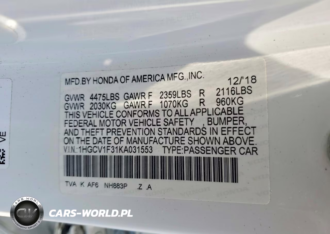 2019 Hond Accord VIN:1HGCV1F31KA031553 - 12